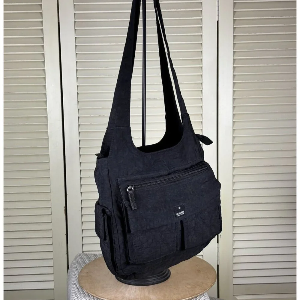 Classics New York Y2K Black Nylon Utility Hobo Shoulder‎ Bag Multi Pocket Purse